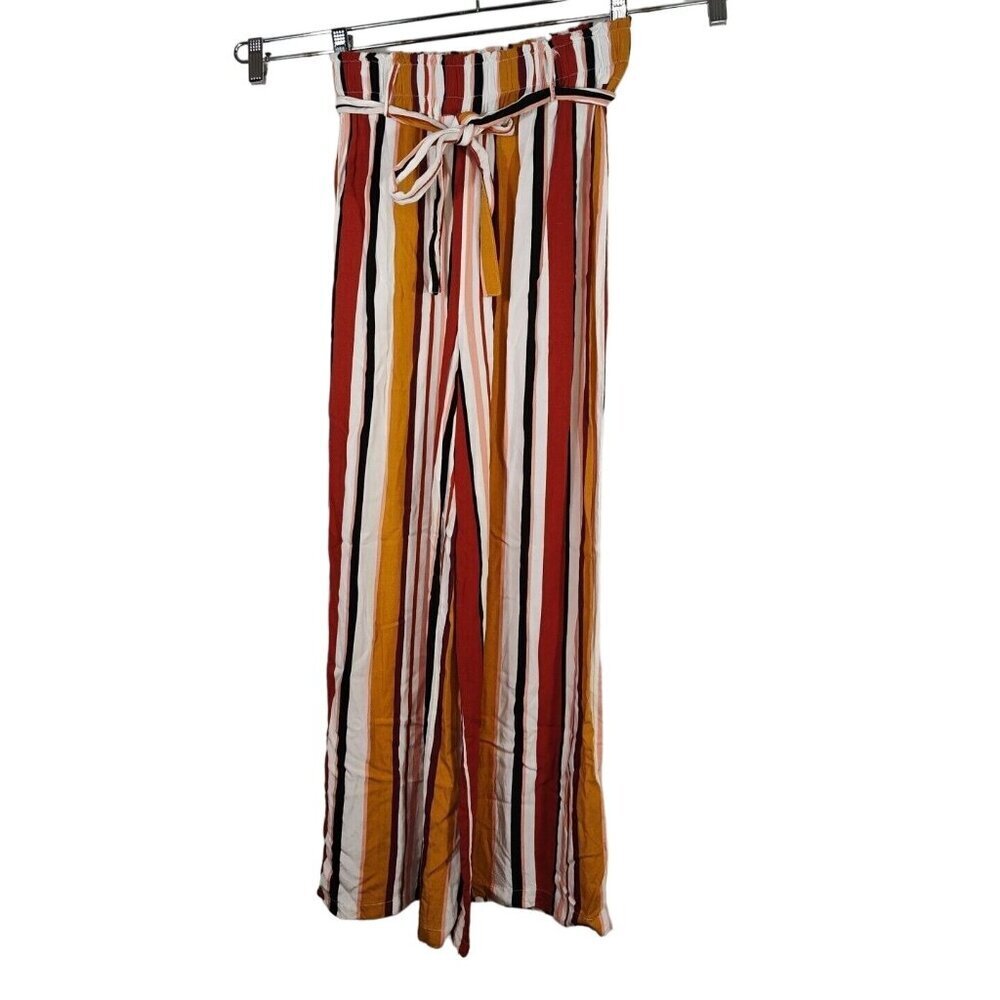 New Look Striped Yellow Red Wide Leg Pants Women Size S Belted Pull On